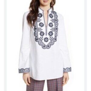 Tory Burch Womens Sz 6 White Tunic Top With Embroidered Floral Detailing